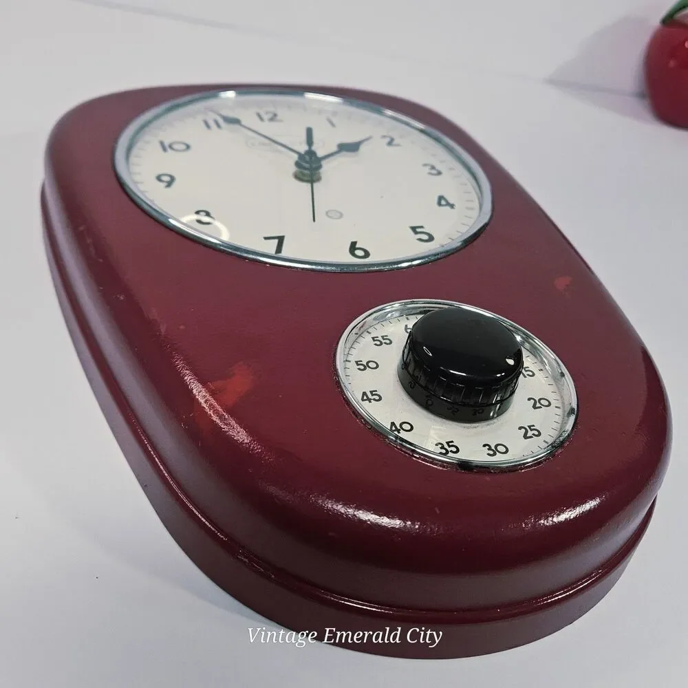 Vtg RZK Kitchen Red Wall Clock & Timer MCM- Needs New analog Clock/Timer Works